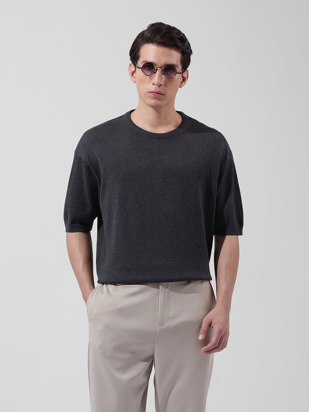 Men's Grey Oversized Fit Textured Flat Knit Crew Neck T-Shirt