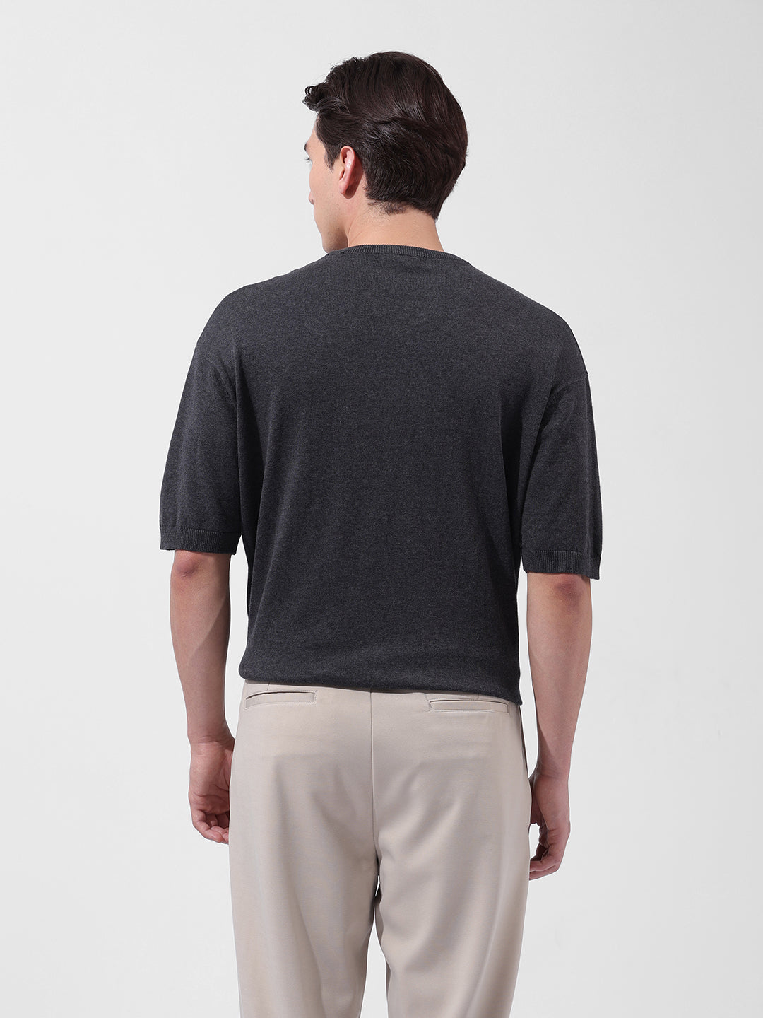 Men's Grey Oversized Fit Textured Flat Knit Crew Neck T-Shirt
