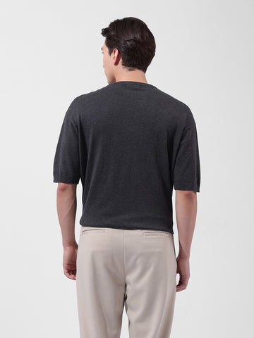 Men's Grey Oversized Fit Textured Flat Knit Crew Neck T-Shirt