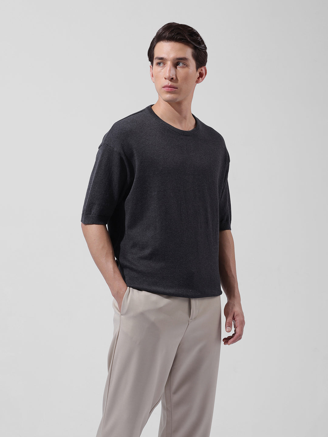 Men's Grey Oversized Fit Textured Flat Knit Crew Neck T-Shirt