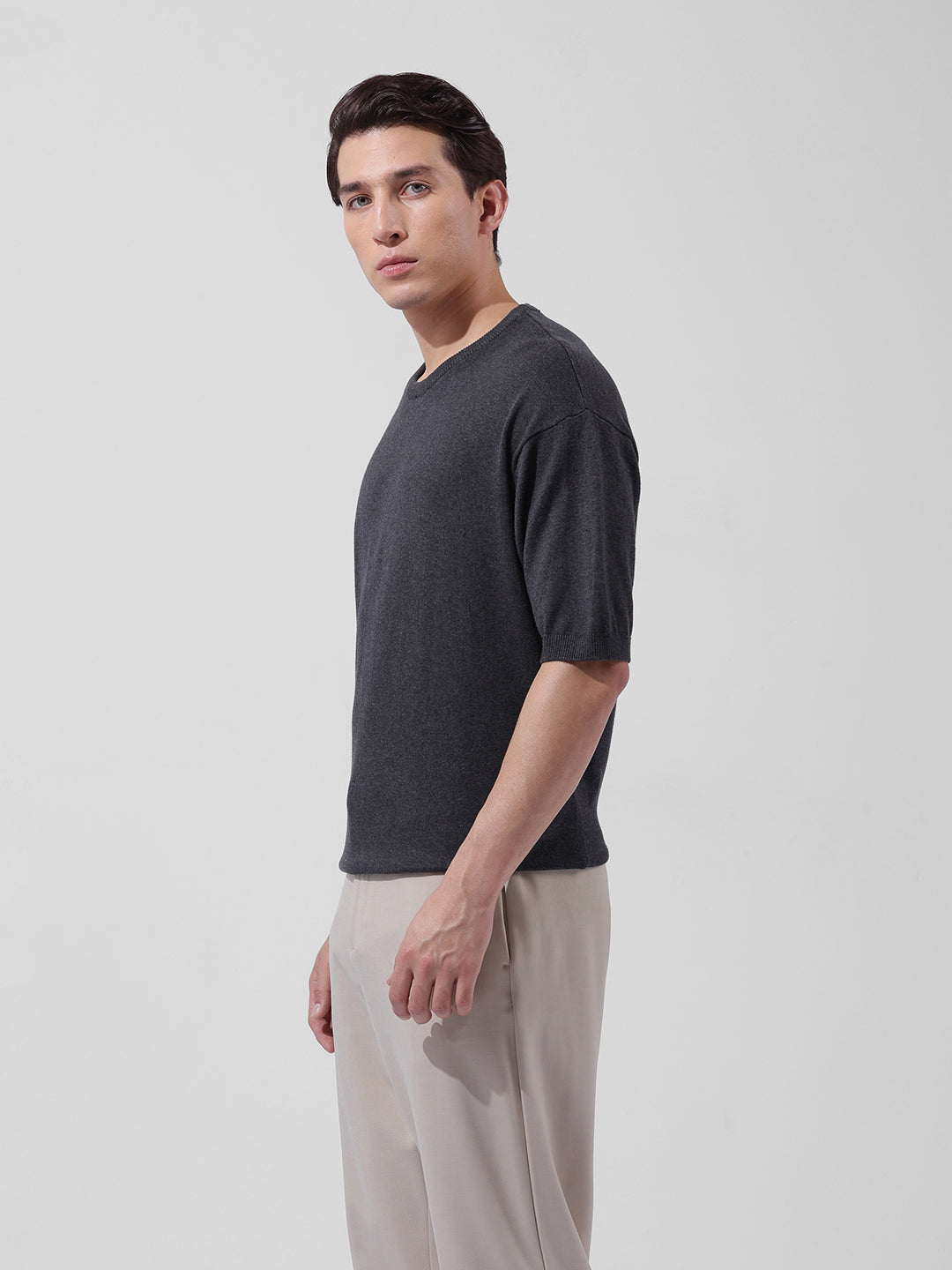 Men's Grey Oversized Fit Textured Flat Knit Crew Neck T-Shirt