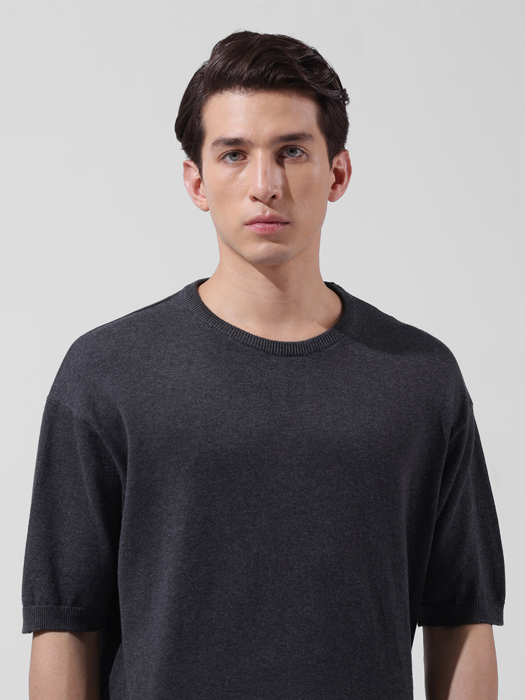 Men's Grey Oversized Fit Textured Flat Knit Crew Neck T-Shirt