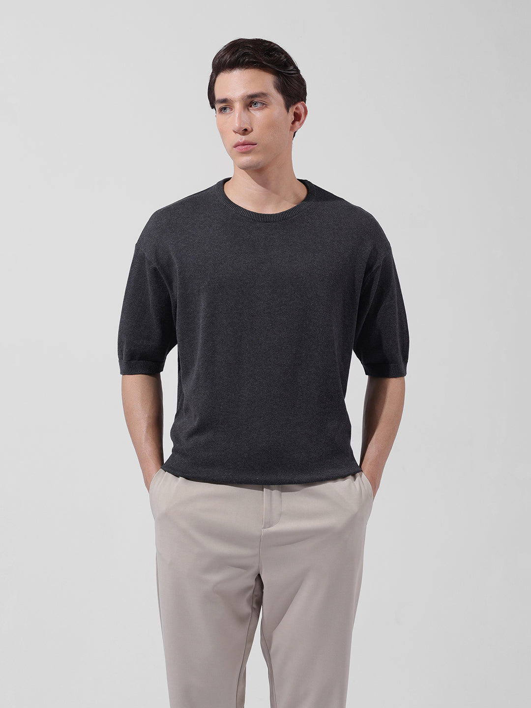 Men's Grey Oversized Fit Textured Flat Knit Crew Neck T-Shirt