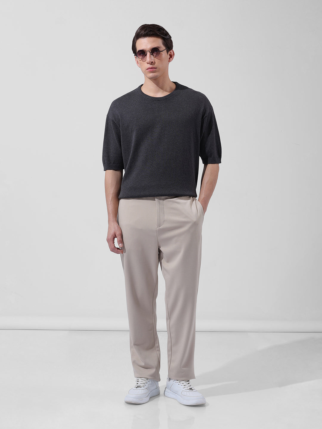 Men's Grey Oversized Fit Textured Flat Knit Crew Neck T-Shirt