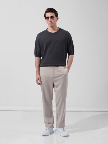 Men's Grey Oversized Fit Textured Flat Knit Crew Neck T-Shirt