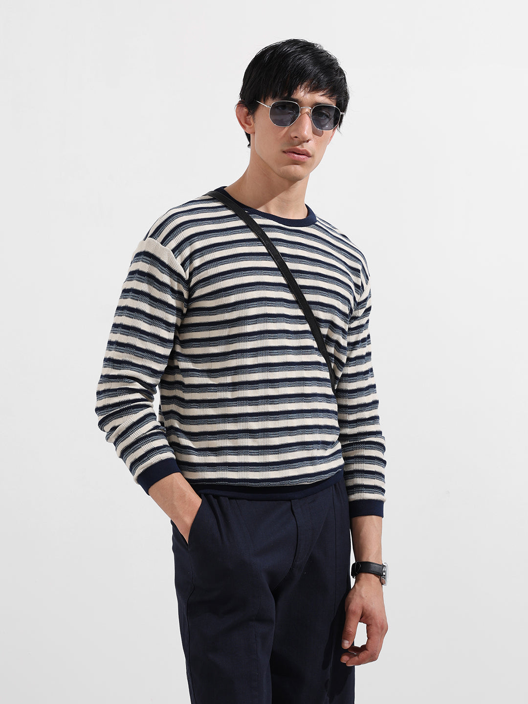Men's Navy Blue Oversized Fit Striped Flat Knit T-Shirt