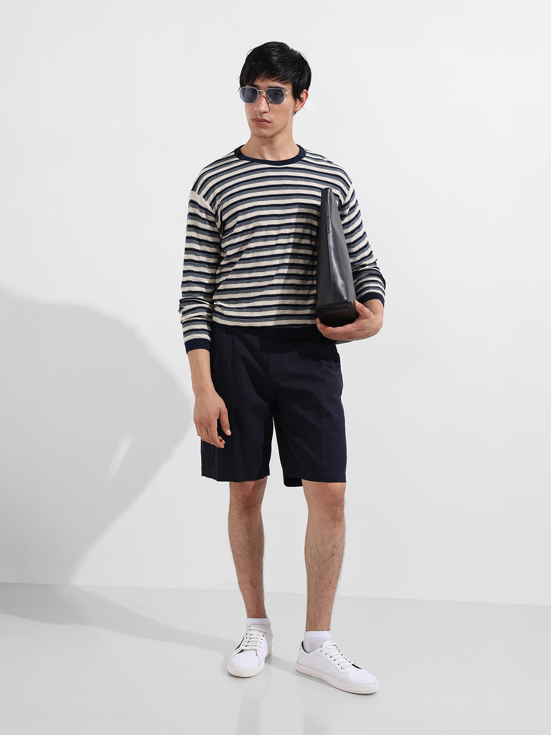 Men's Navy Blue Oversized Fit Striped Flat Knit T-Shirt