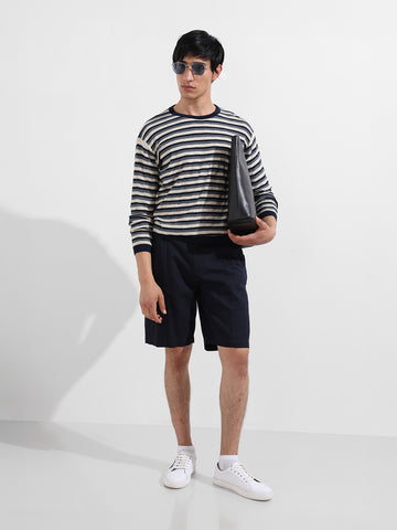 Men's Navy Blue Oversized Fit Striped Flat Knit T-Shirt