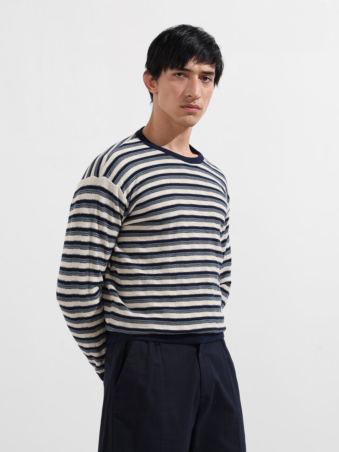 Men's Navy Blue Oversized Fit Striped Flat Knit T-Shirt