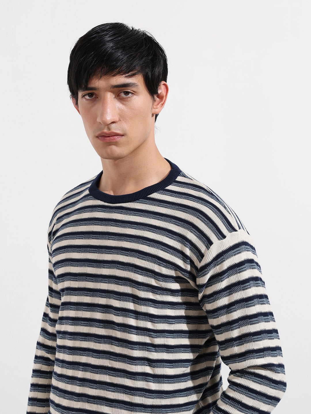 Men's Navy Blue Oversized Fit Striped Flat Knit T-Shirt