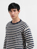 Men's Navy Blue Oversized Fit Striped Flat Knit T-Shirt