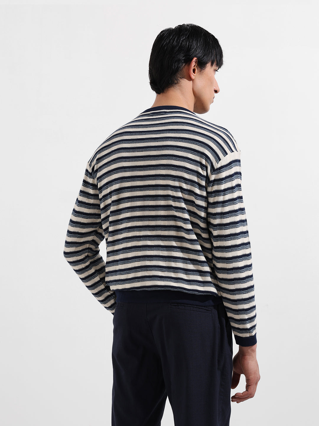Men's Navy Blue Oversized Fit Striped Flat Knit T-Shirt