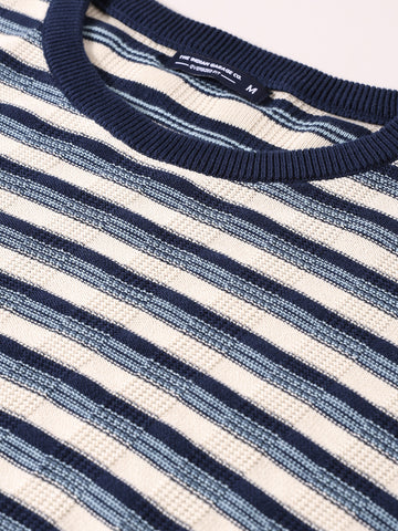 Men's Navy Blue Oversized Fit Striped Flat Knit T-Shirt
