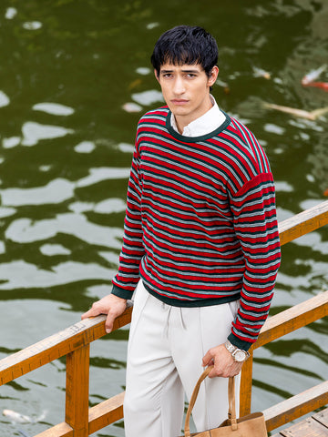Men's Green Oversized Fit Striped Flat Knit T-Shirt