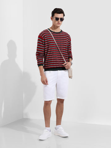 Men's Green Oversized Fit Striped Flat Knit T-Shirt