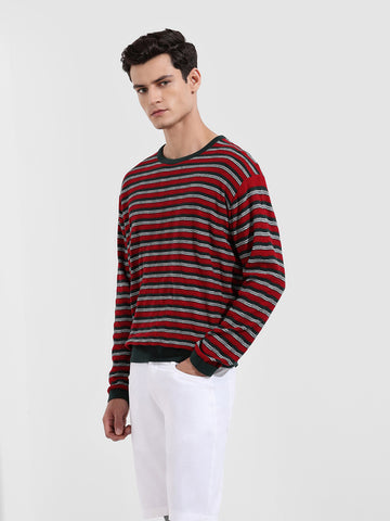 Men's Green Oversized Fit Striped Flat Knit T-Shirt