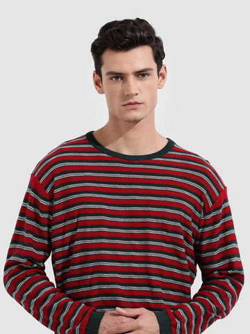 Men's Green Oversized Fit Striped Flat Knit T-Shirt