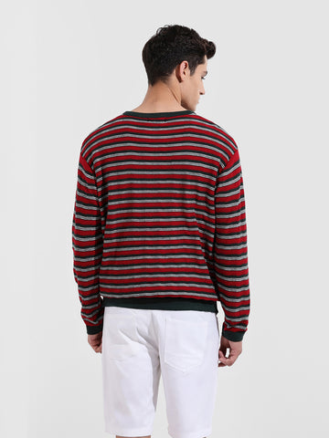 Men's Green Oversized Fit Striped Flat Knit T-Shirt