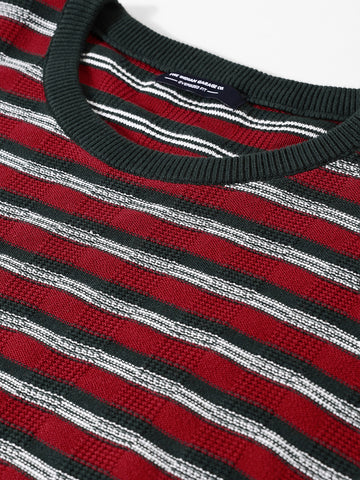 Men's Green Oversized Fit Striped Flat Knit T-Shirt