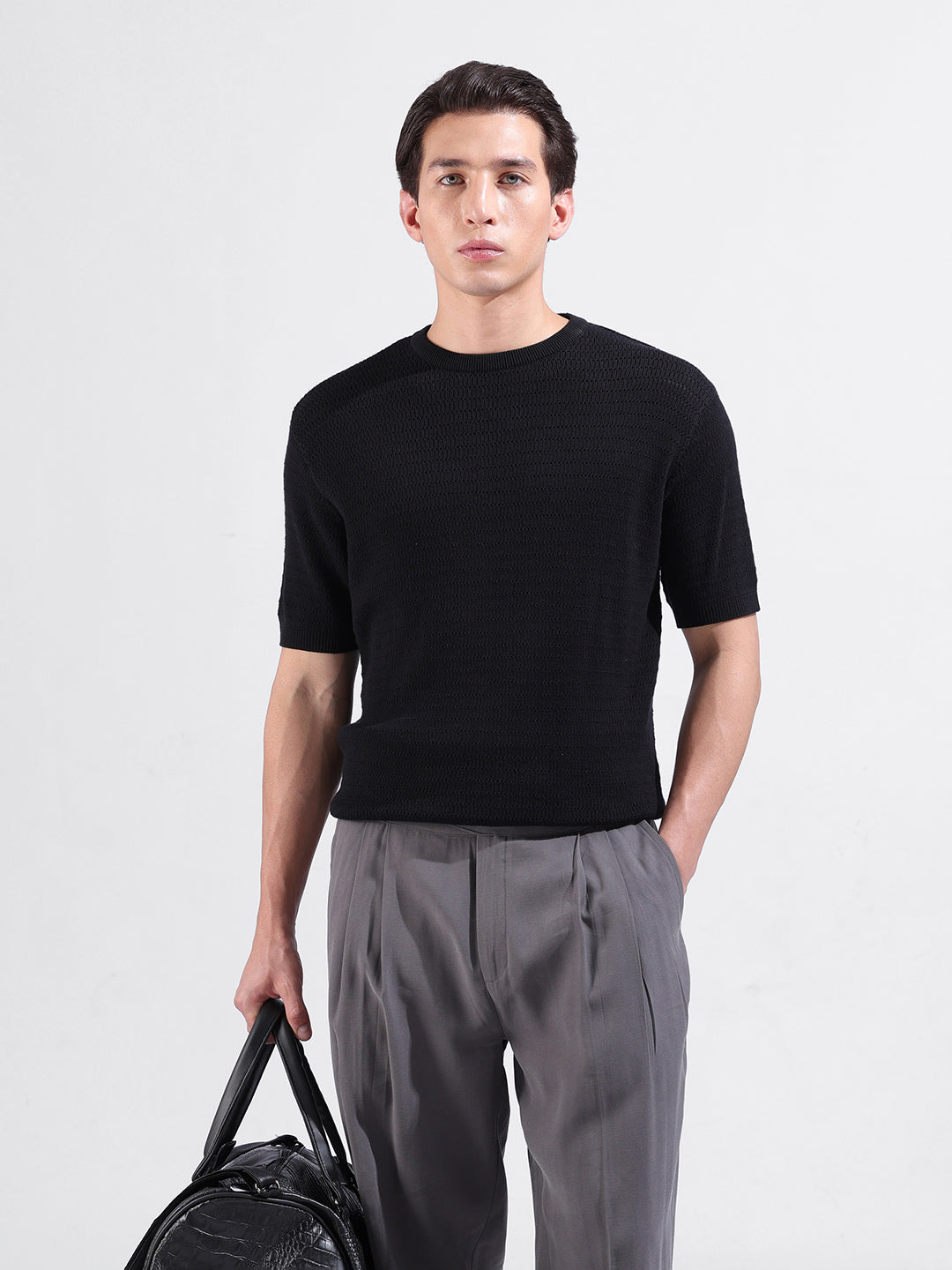 Men's Black Slim Fit Textured Flat Knit Polo Collar T-Shirt