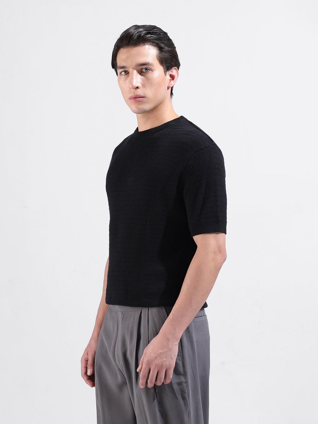 Men's Black Slim Fit Textured Flat Knit Polo Collar T-Shirt