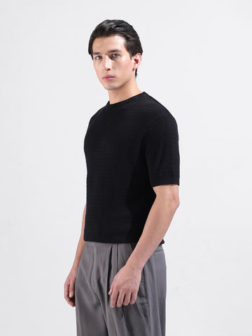 Men's Black Slim Fit Textured Flat Knit Polo Collar T-Shirt