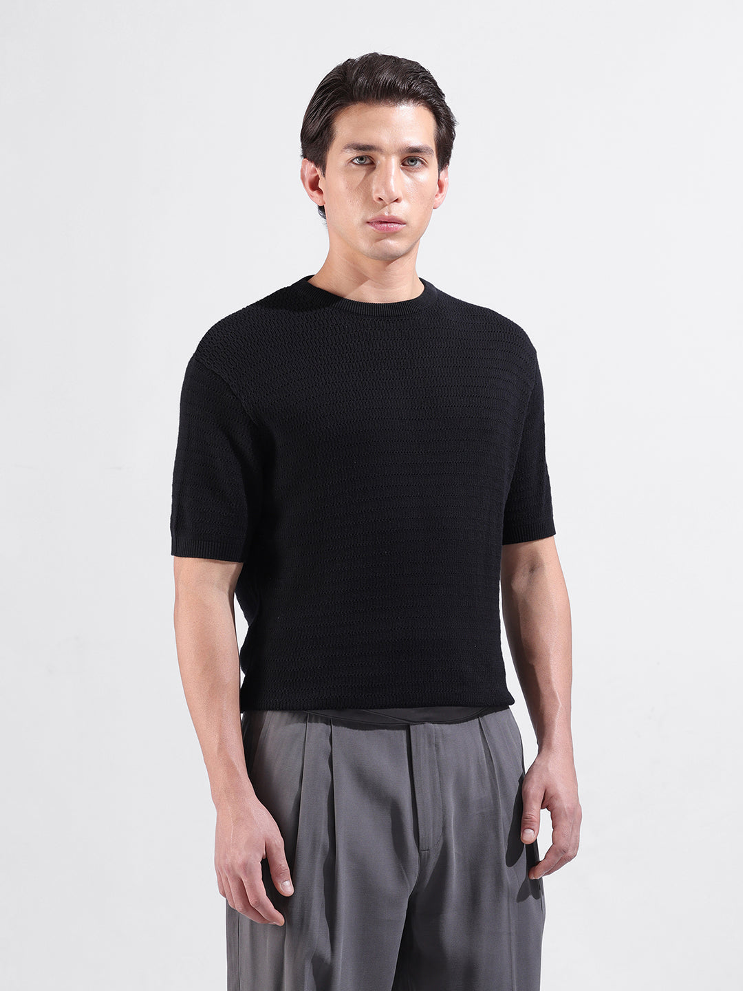 Men's Black Slim Fit Textured Flat Knit Polo Collar T-Shirt