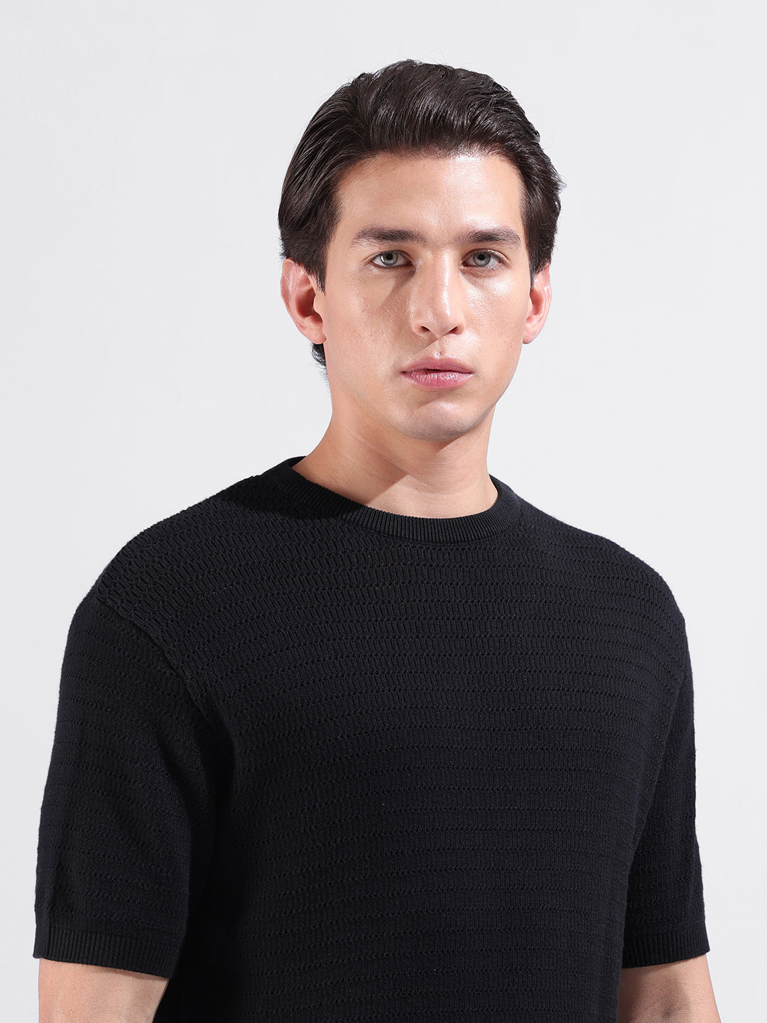 Men's Black Slim Fit Textured Flat Knit Polo Collar T-Shirt