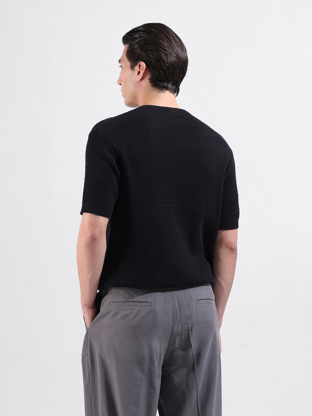 Men's Black Slim Fit Textured Flat Knit Polo Collar T-Shirt