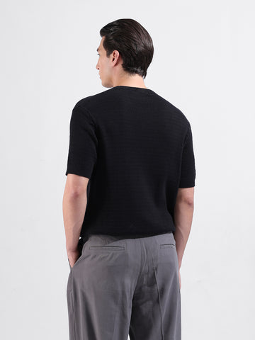 Men's Black Slim Fit Textured Flat Knit Polo Collar T-Shirt