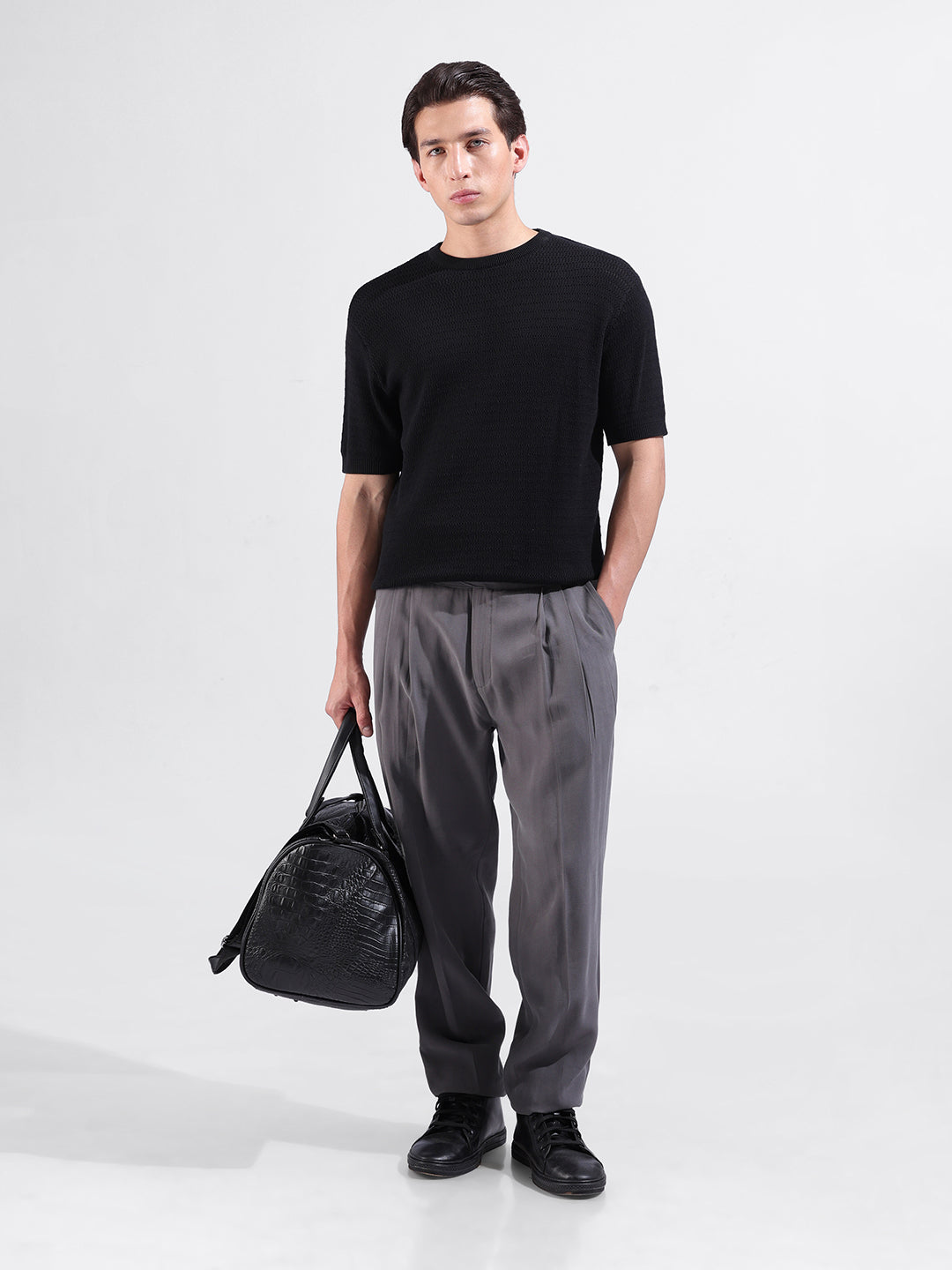 Men's Black Slim Fit Textured Flat Knit Polo Collar T-Shirt