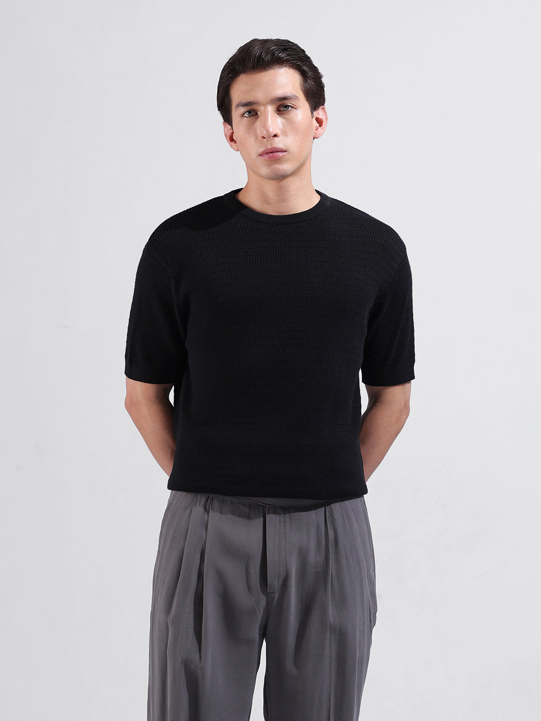 Men's Black Slim Fit Textured Flat Knit Polo Collar T-Shirt