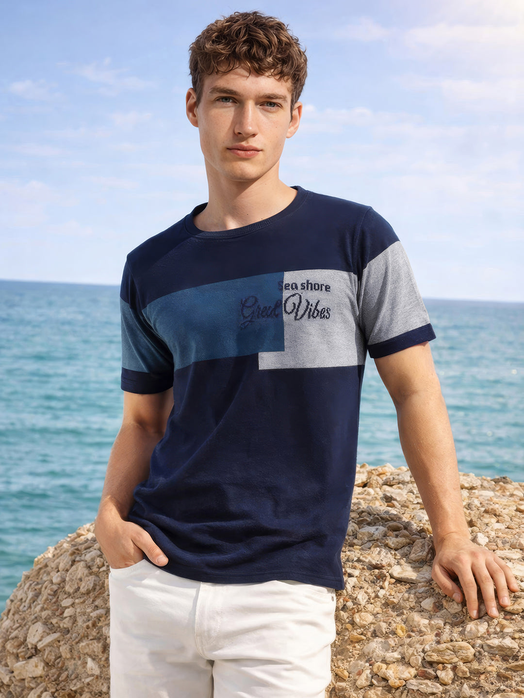 Men's Blue Slim Fit Colourblocked Flat Knit Crew Neck T-Shirt