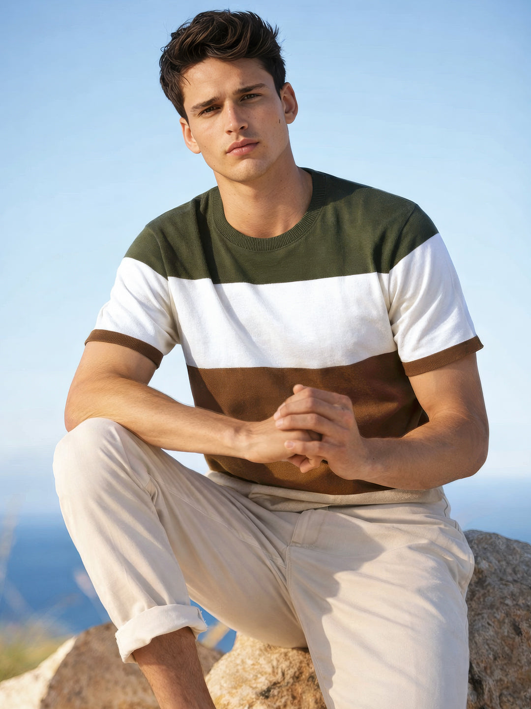 Men's Beige Slim Fit Colourblocked Flat Knit Crew Neck T-Shirt