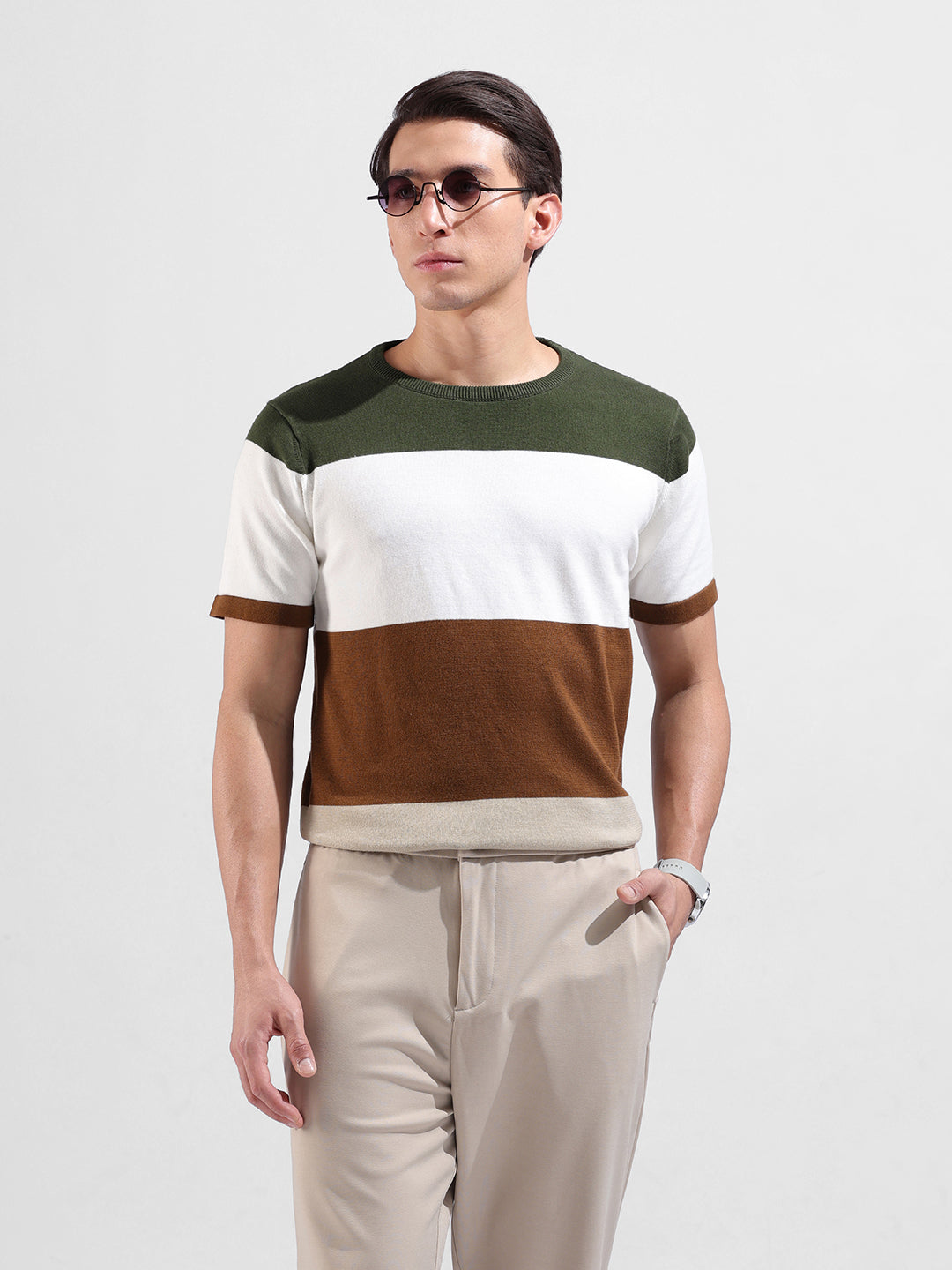 Men's Beige Slim Fit Colourblocked Flat Knit Crew Neck T-Shirt