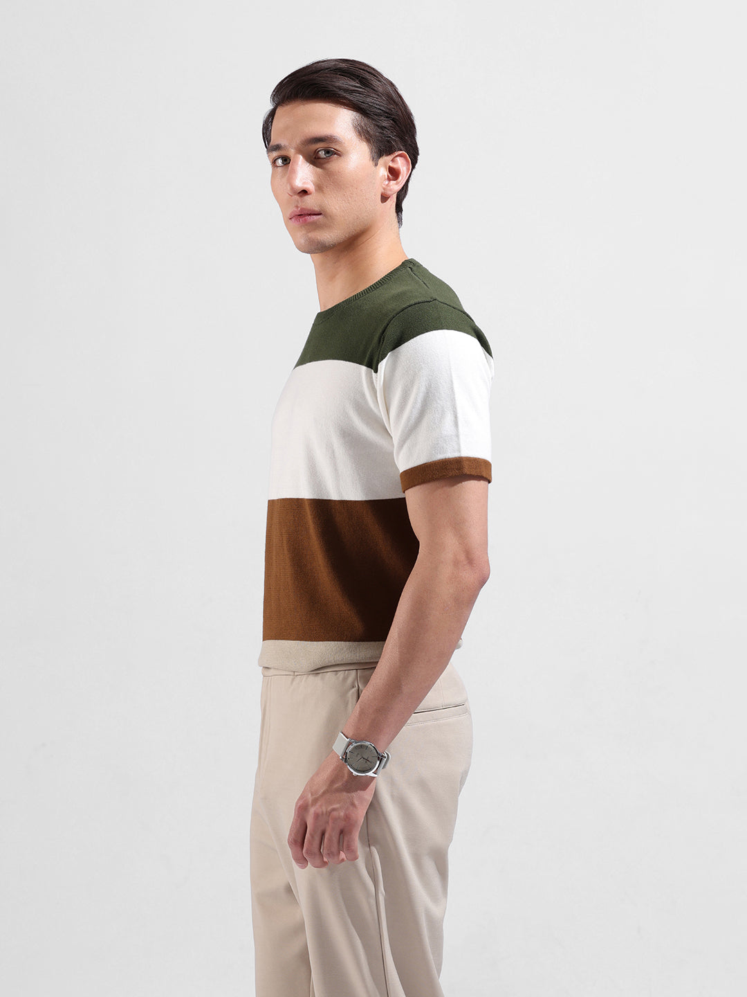 Men's Beige Slim Fit Colourblocked Flat Knit Crew Neck T-Shirt