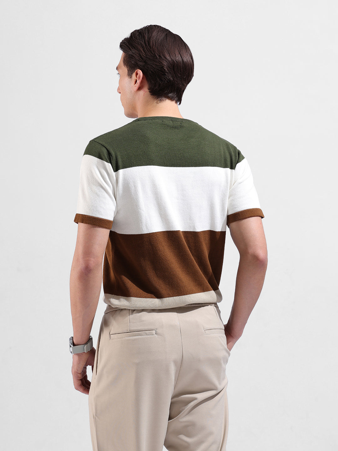 Men's Beige Slim Fit Colourblocked Flat Knit Crew Neck T-Shirt