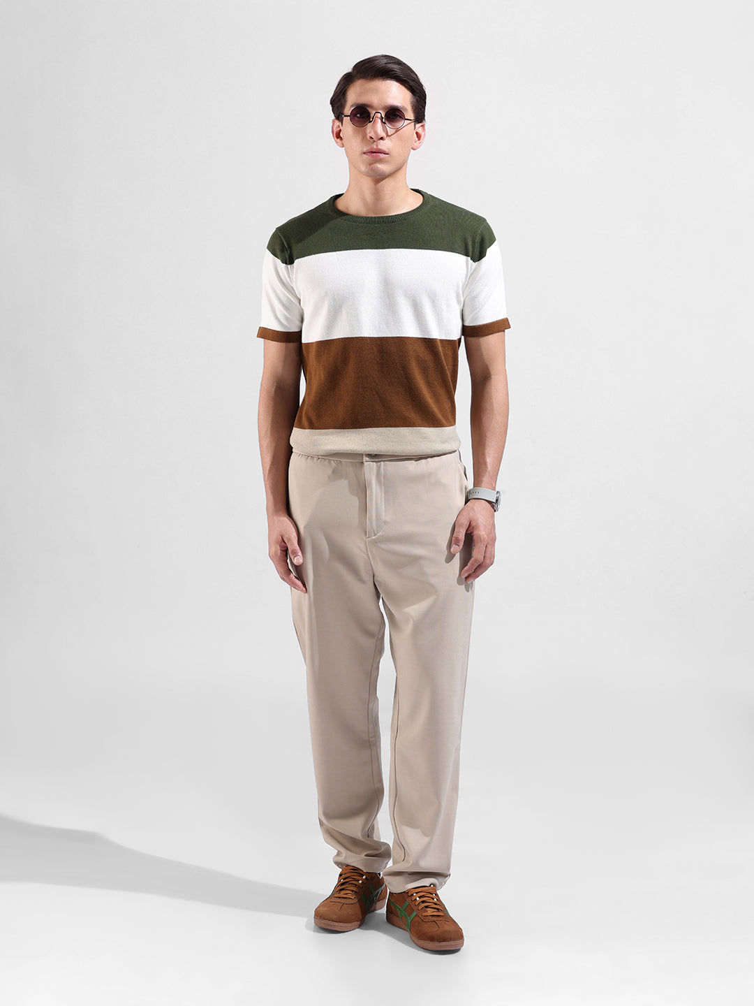 Men's Beige Slim Fit Colourblocked Flat Knit Crew Neck T-Shirt