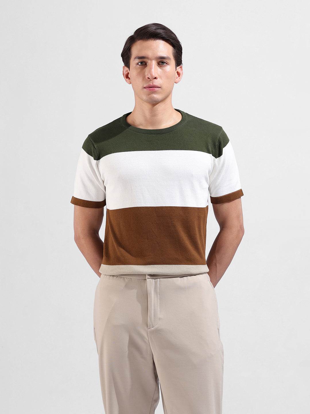 Men's Beige Slim Fit Colourblocked Flat Knit Crew Neck T-Shirt