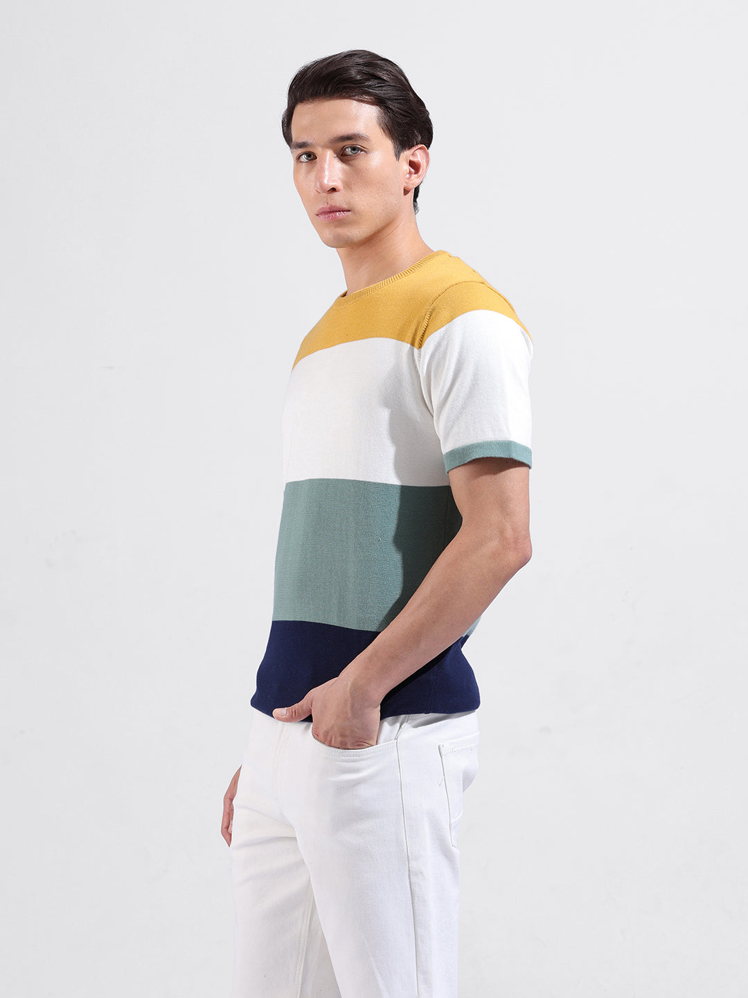 Men's Multicolor Slim Fit Colourblocked Flat Knit Crew Neck T-Shirt