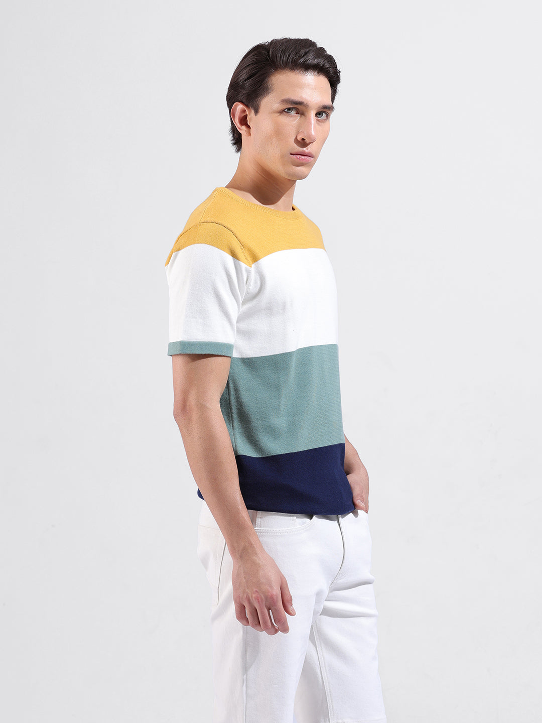 Men's Multicolor Slim Fit Colourblocked Flat Knit Crew Neck T-Shirt