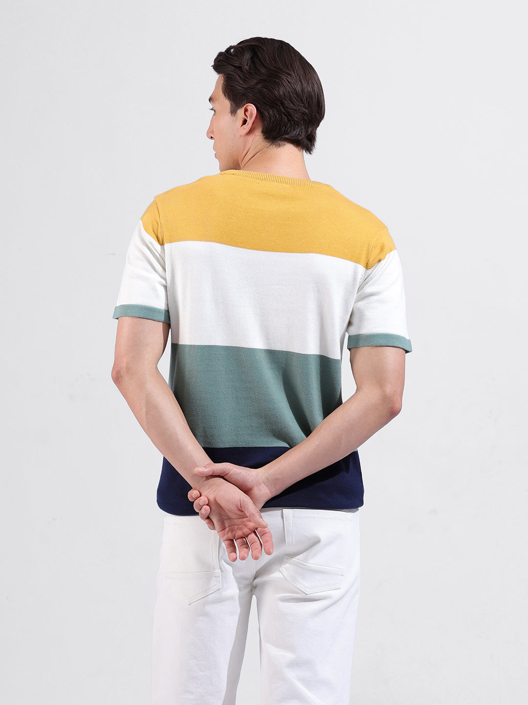 Men's Multicolor Slim Fit Colourblocked Flat Knit Crew Neck T-Shirt