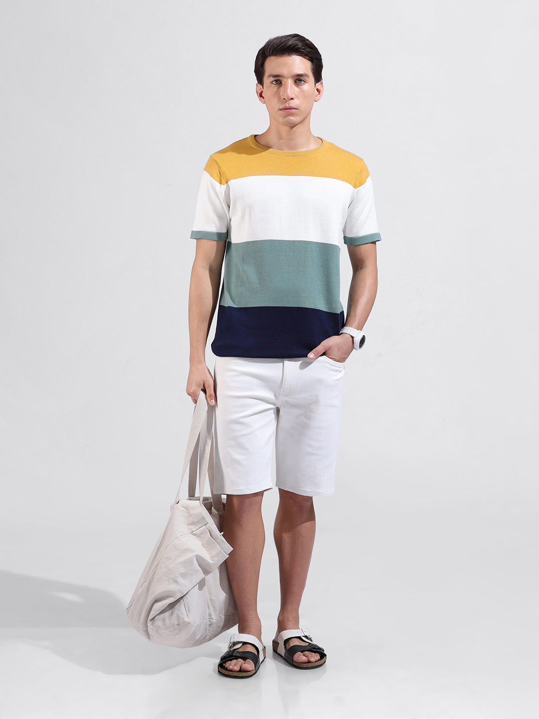 Men's Multicolor Slim Fit Colourblocked Flat Knit Crew Neck T-Shirt