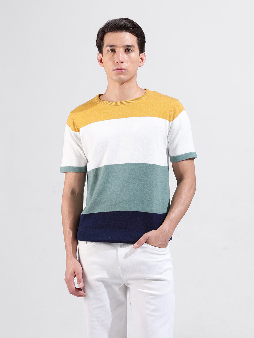 Men's Multicolor Slim Fit Colourblocked Flat Knit Crew Neck T-Shirt
