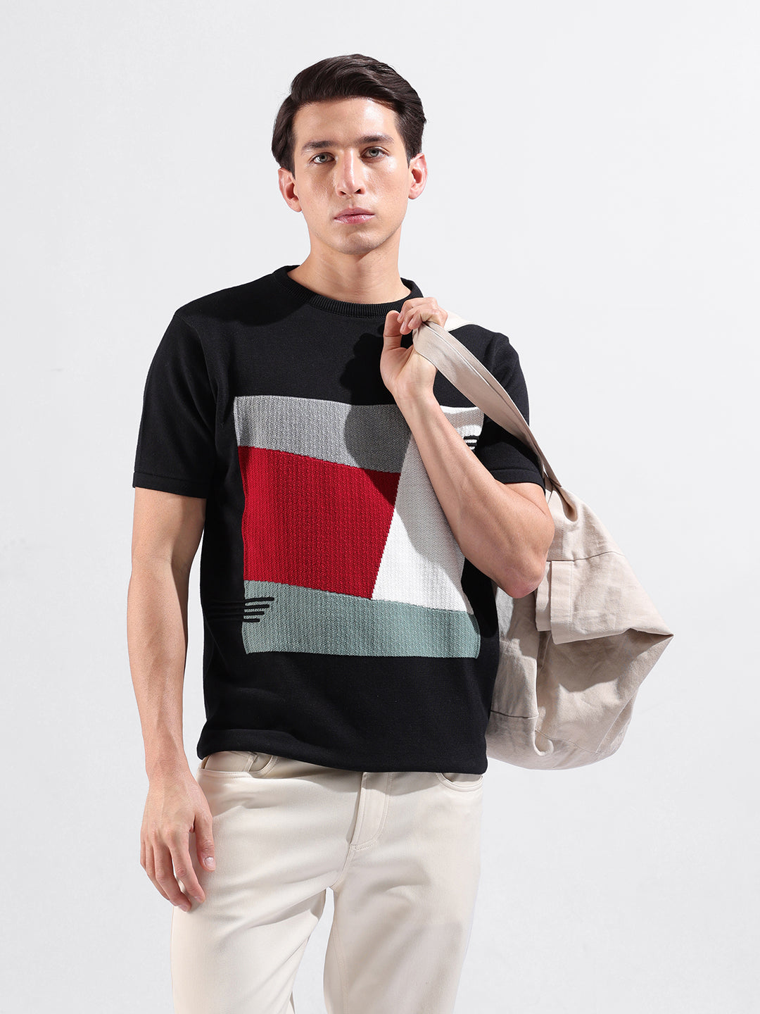 Men's Black Slim Fit Textured Flat Knit Crew Neck T-Shirt