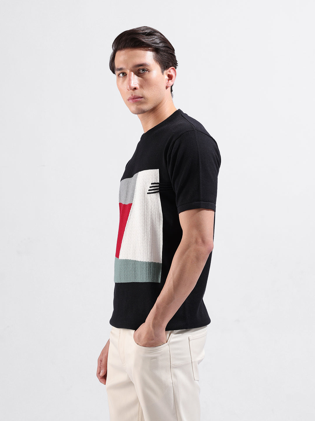 Men's Black Slim Fit Textured Flat Knit Crew Neck T-Shirt