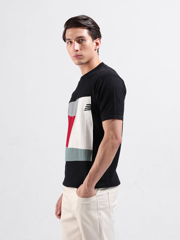 Men's Black Slim Fit Textured Flat Knit Crew Neck T-Shirt