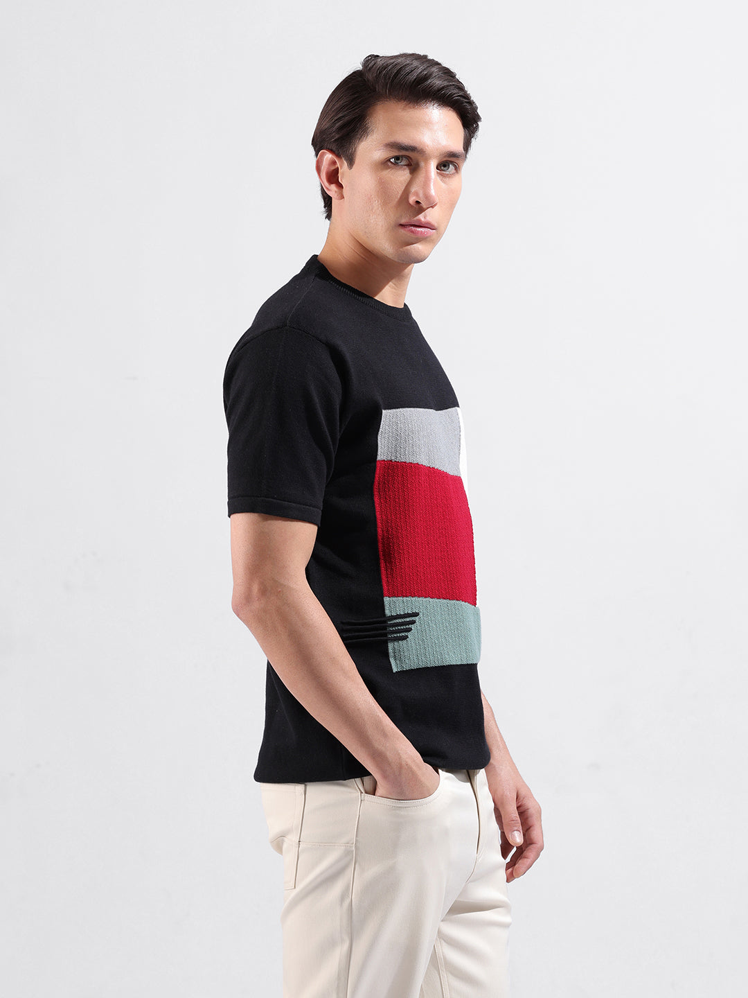 Men's Black Slim Fit Textured Flat Knit Crew Neck T-Shirt