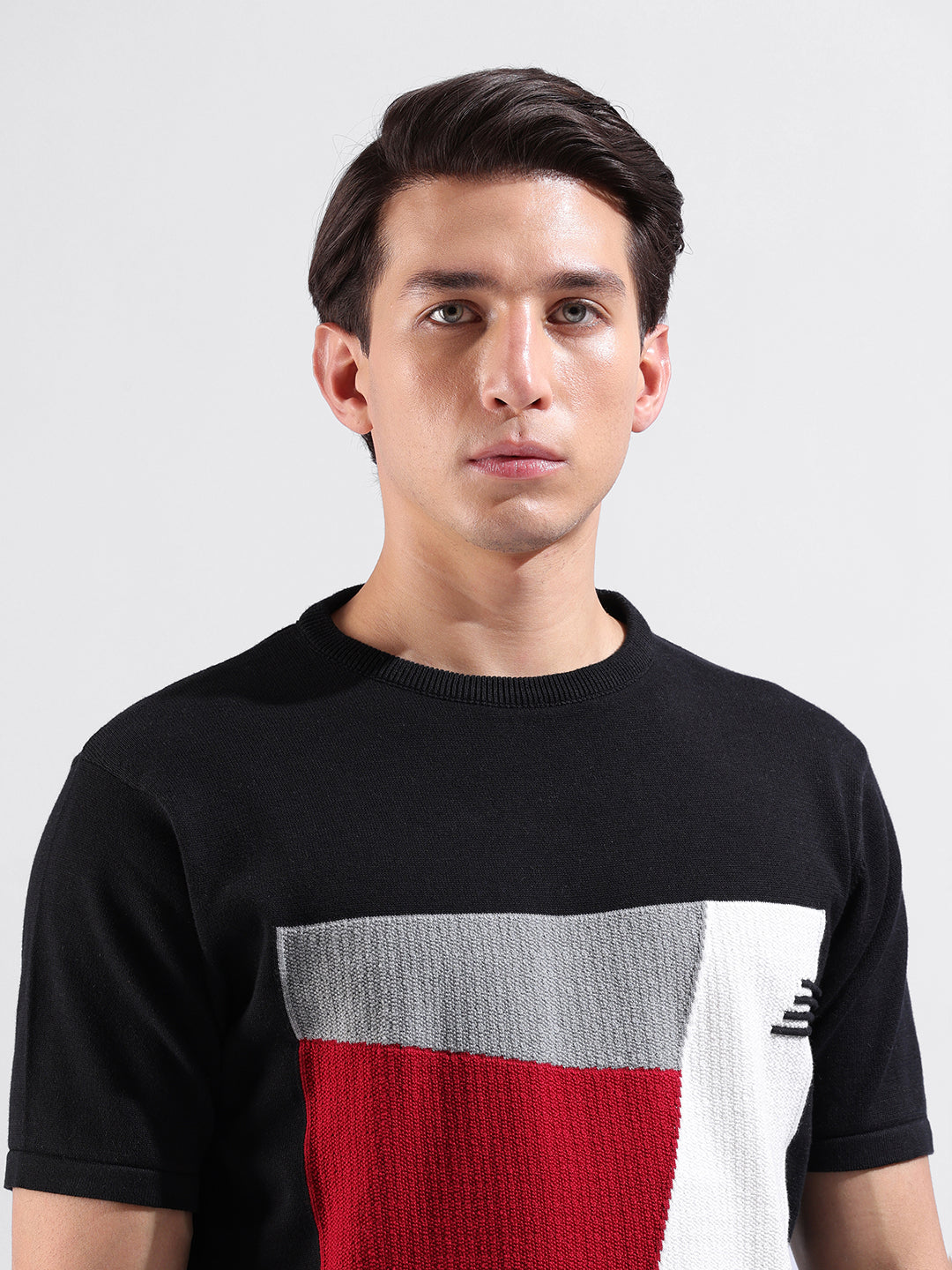 Men's Black Slim Fit Textured Flat Knit Crew Neck T-Shirt
