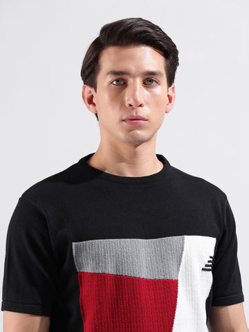 Men's Black Slim Fit Textured Flat Knit Crew Neck T-Shirt
